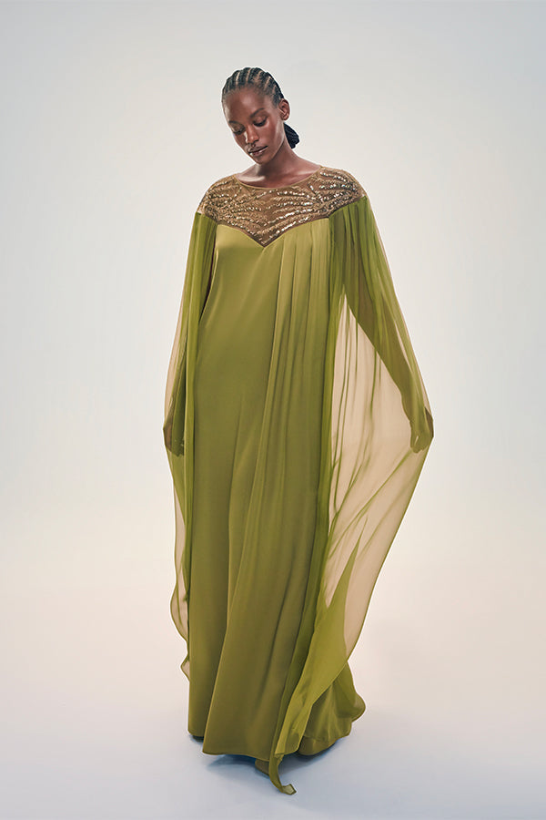 chiffon cape gown with embellished neckline – LUMINA