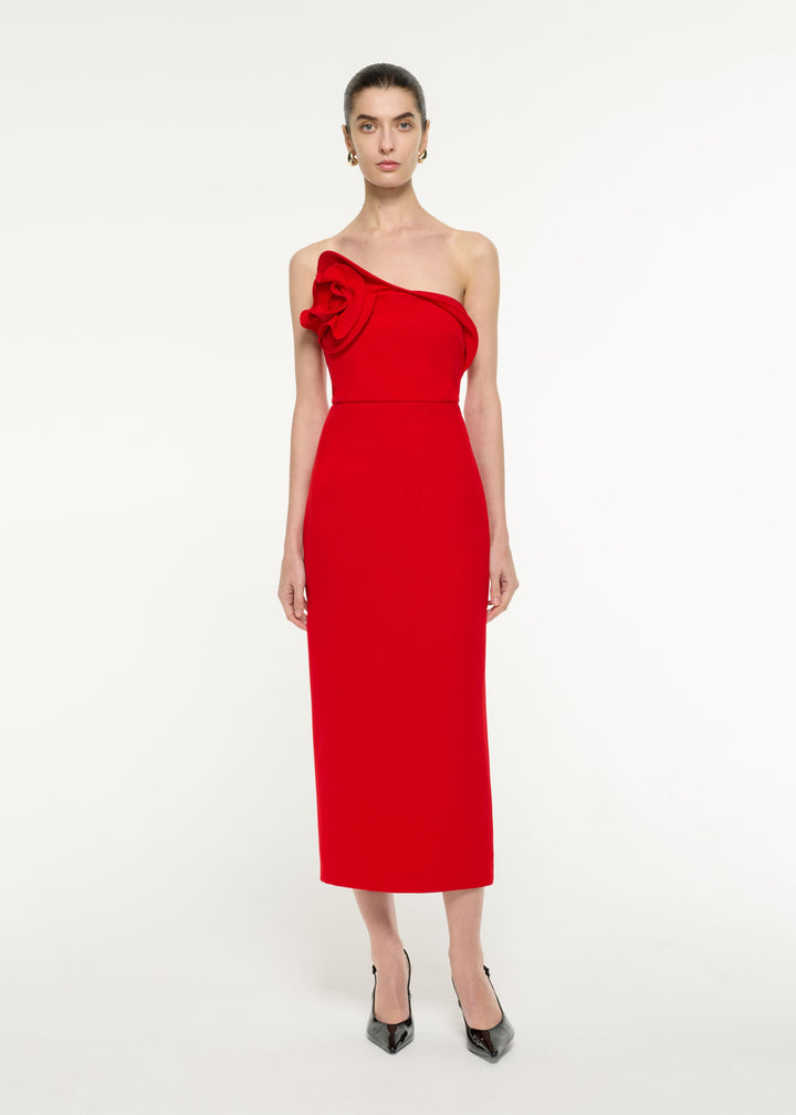 one-shoulder midi dress with sculpted rosette – ROSABELLE