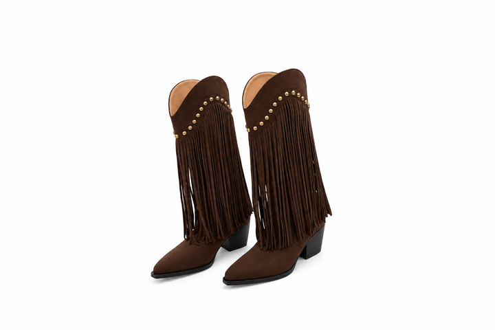 Fringe Studded Western Knee-High Boots - Rodevia