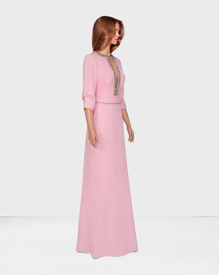Beaded neckline - long floor length pink dress