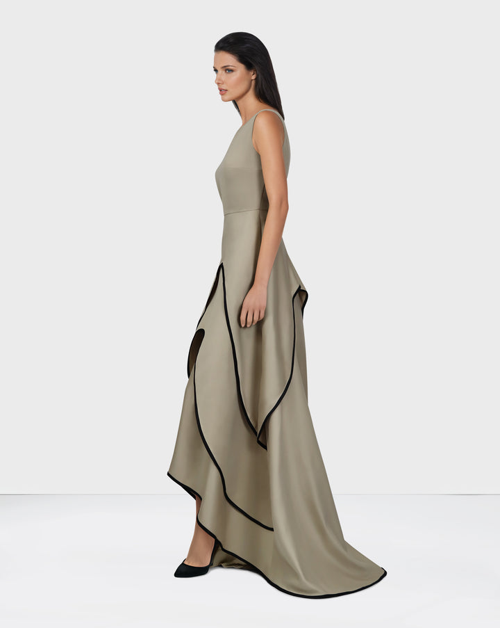 Sleeveless Taupe Dress with Layered Skirt - TOLVEN