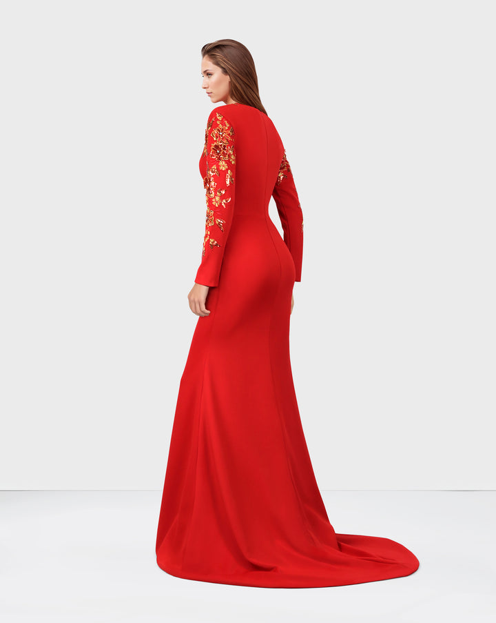 Red Floor-Length Dress with a Long Train and Sequined Sleeves