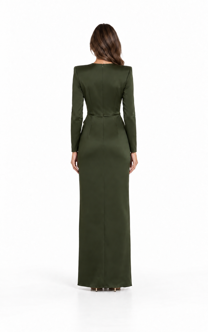 Satin Draped Bow Gown - Olive