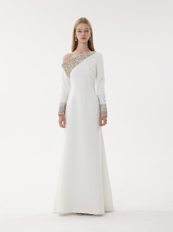 one-shoulder gown with crystal embellished cape sleeve – AURORA