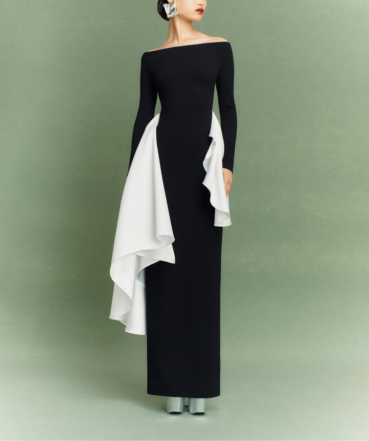 long-sleeve column dress with asymmetric draped panels – KIANA –