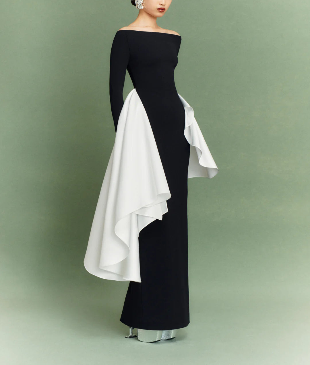 black & cream asymmetric draped dress long-sleeve column with panels – KIANA – Elegant A Line Square status::sale Premium stretch jersey Size:us 4