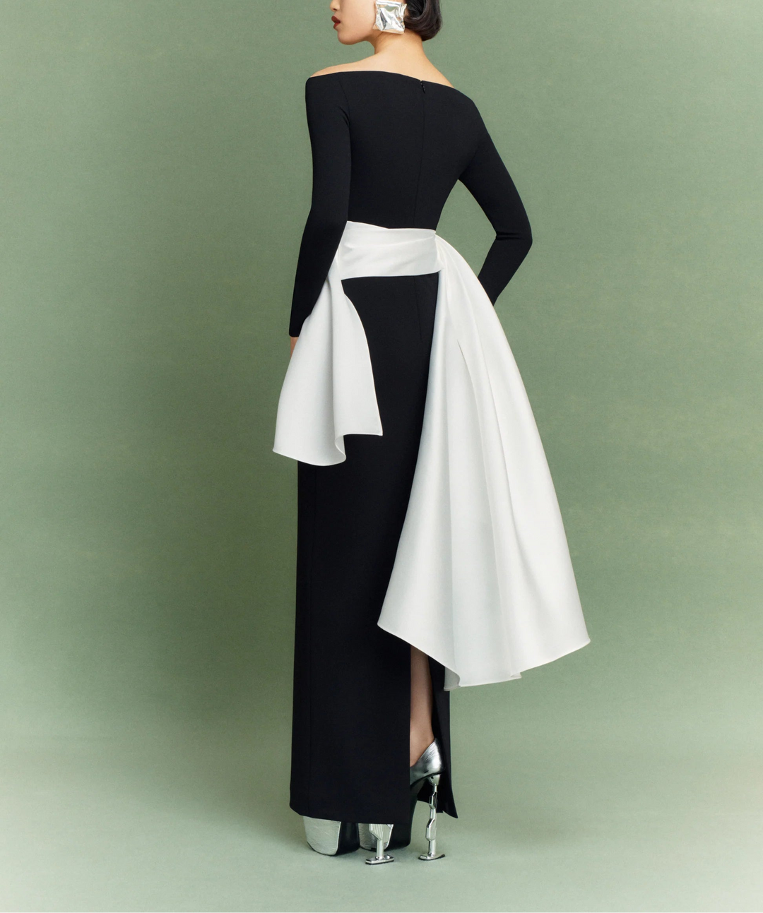 long-sleeve column dress with asymmetric draped panels – KIANA –