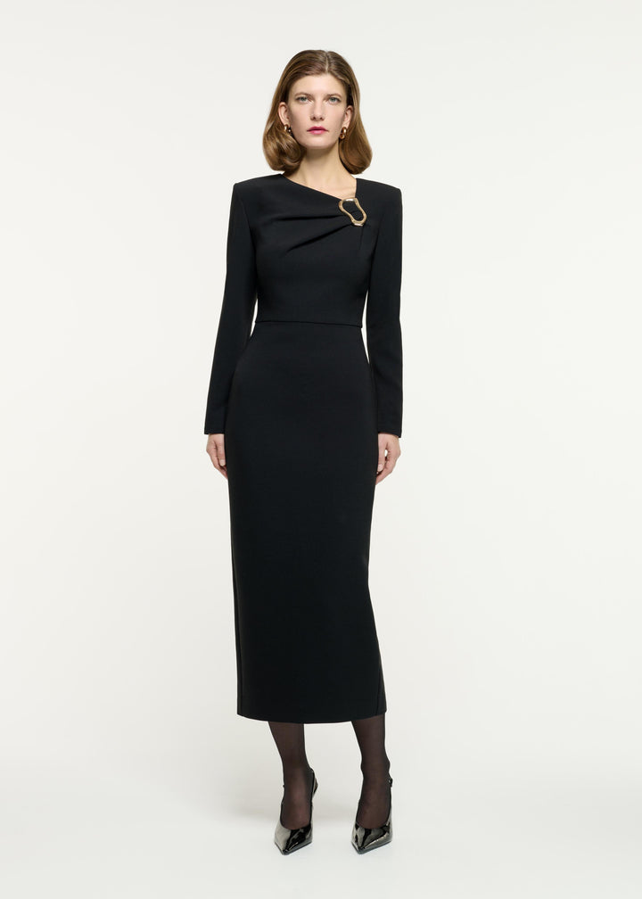 long-sleeve sheath dress with draped neckline detail – RUBINA