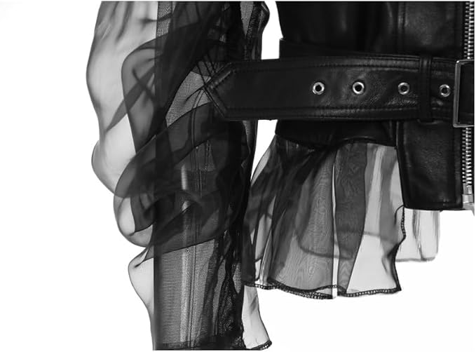 belted leather jacket with organza puff sleeves – KOLIR
