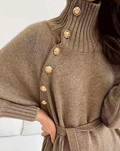 ribbed turtleneck knit dress with side buttons – ALORA