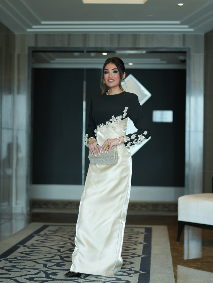 Long sleeve column dress with diagonal embellishments - LYSSA