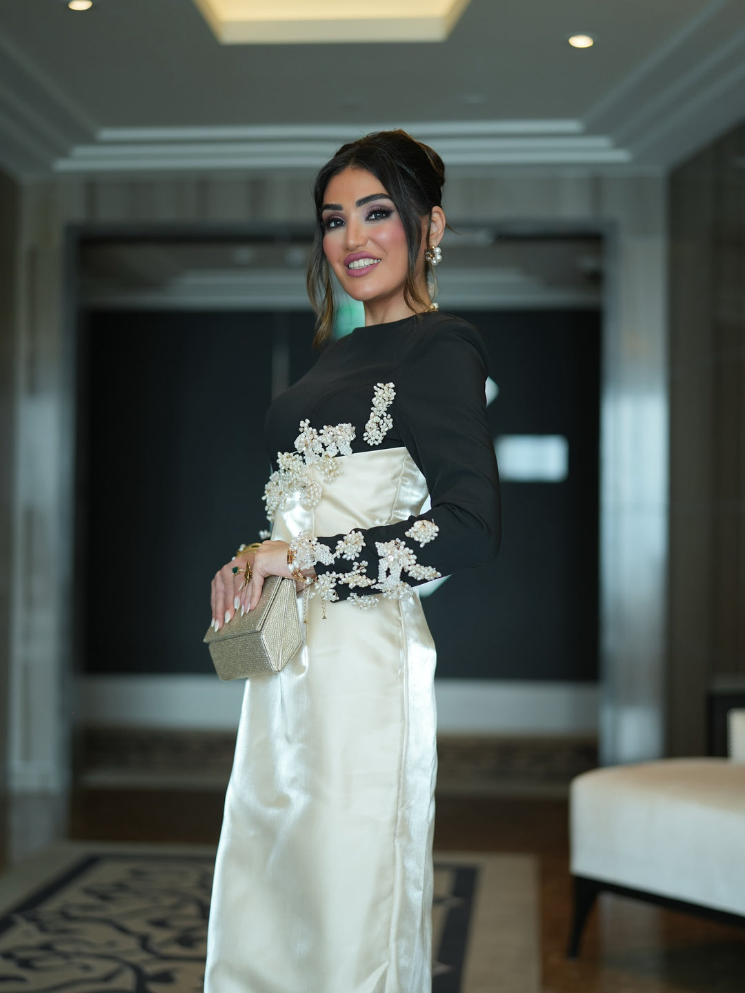 Long sleeve column dress with diagonal embellishments - LYSSA