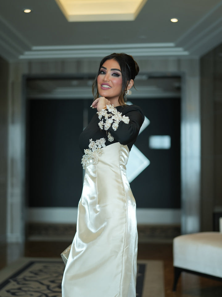 Long sleeve column dress with diagonal embellishments - LYSSA