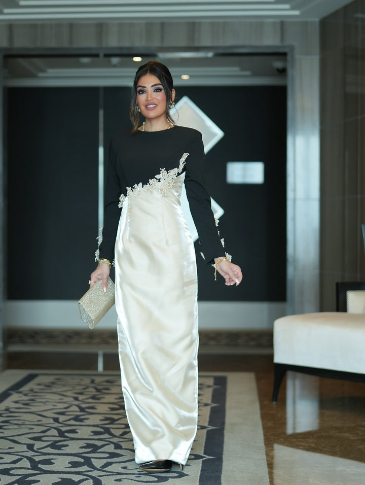 Long sleeve column dress with diagonal embellishments - LYSSA