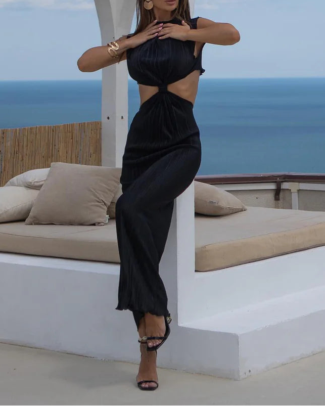 Geplooide top met uitlopende mouwen en maxi-rok set met tailleband – Rosiny 