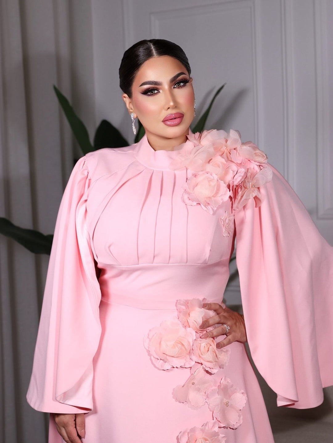 3D flowered maxi dress with cape sleeves-Trisha