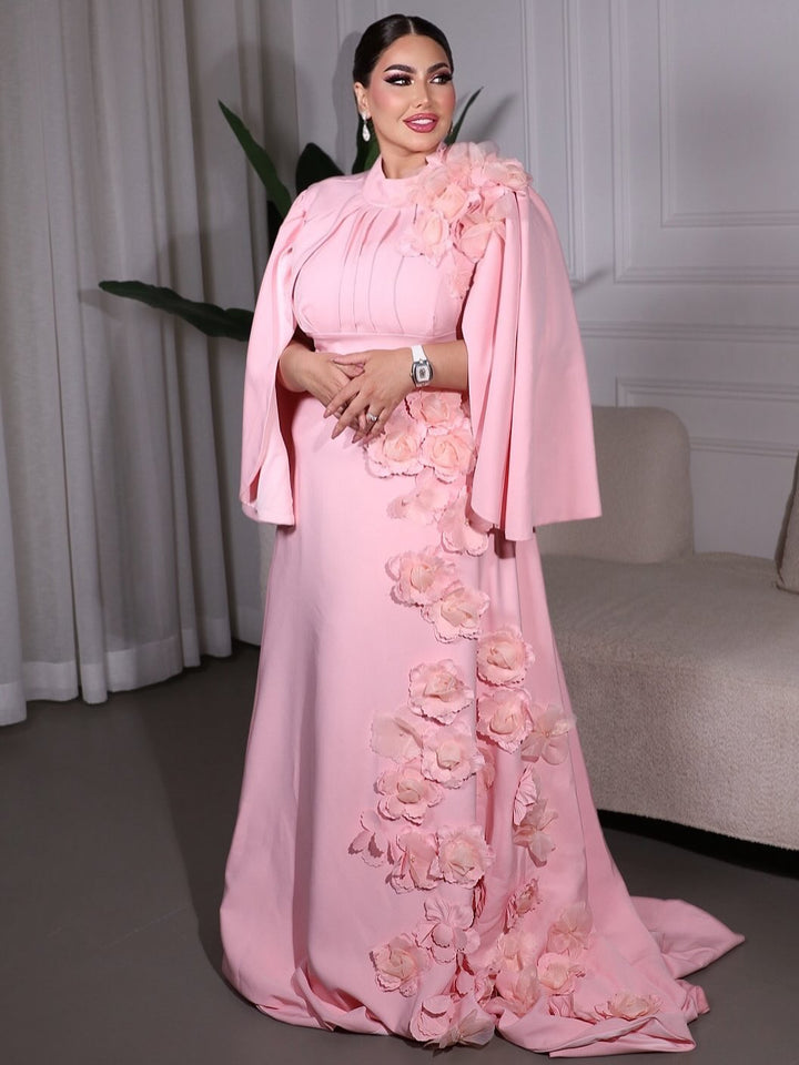 3D flowered maxi dress with cape sleeves-Trisha