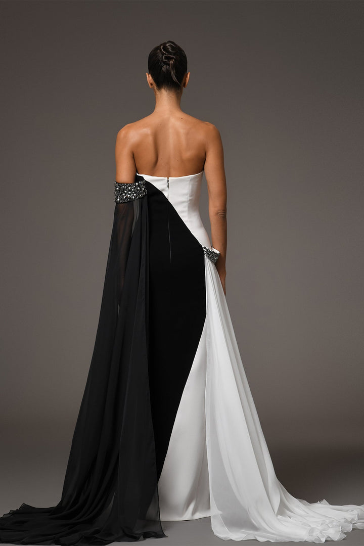 strapless monochrome gown with crystal accents – NOIRÉ