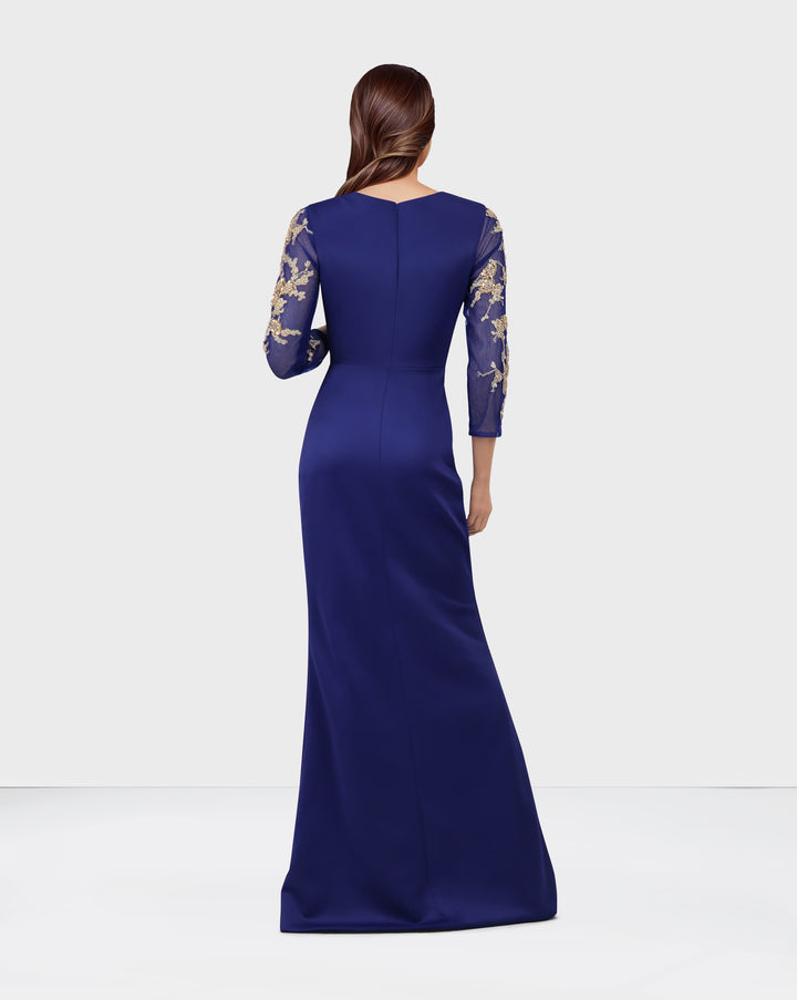 Blue Floor-Length Dress with see through sequined sleeves