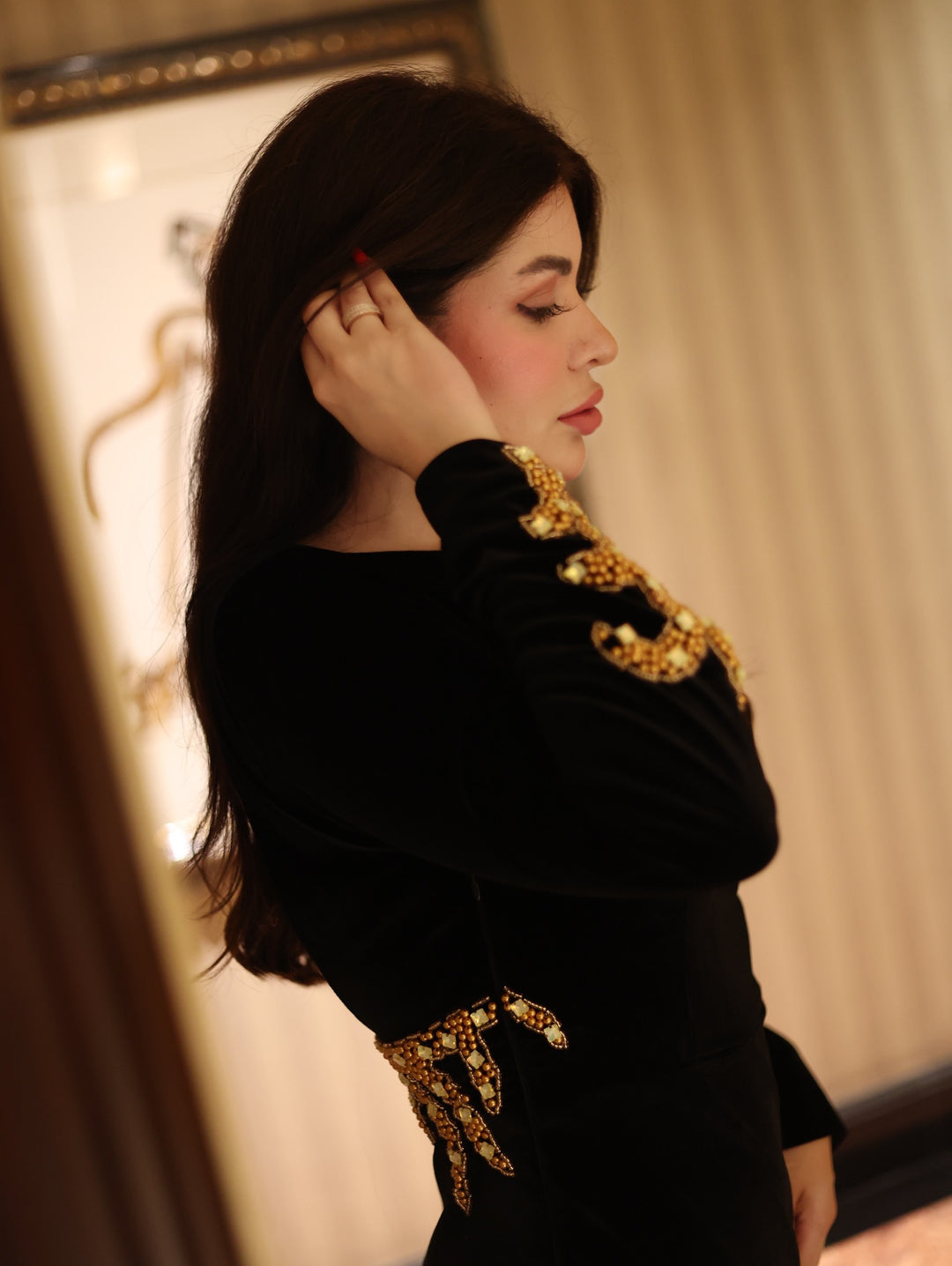 Long sleeve black velvet column dress with back neckline - Shevalini