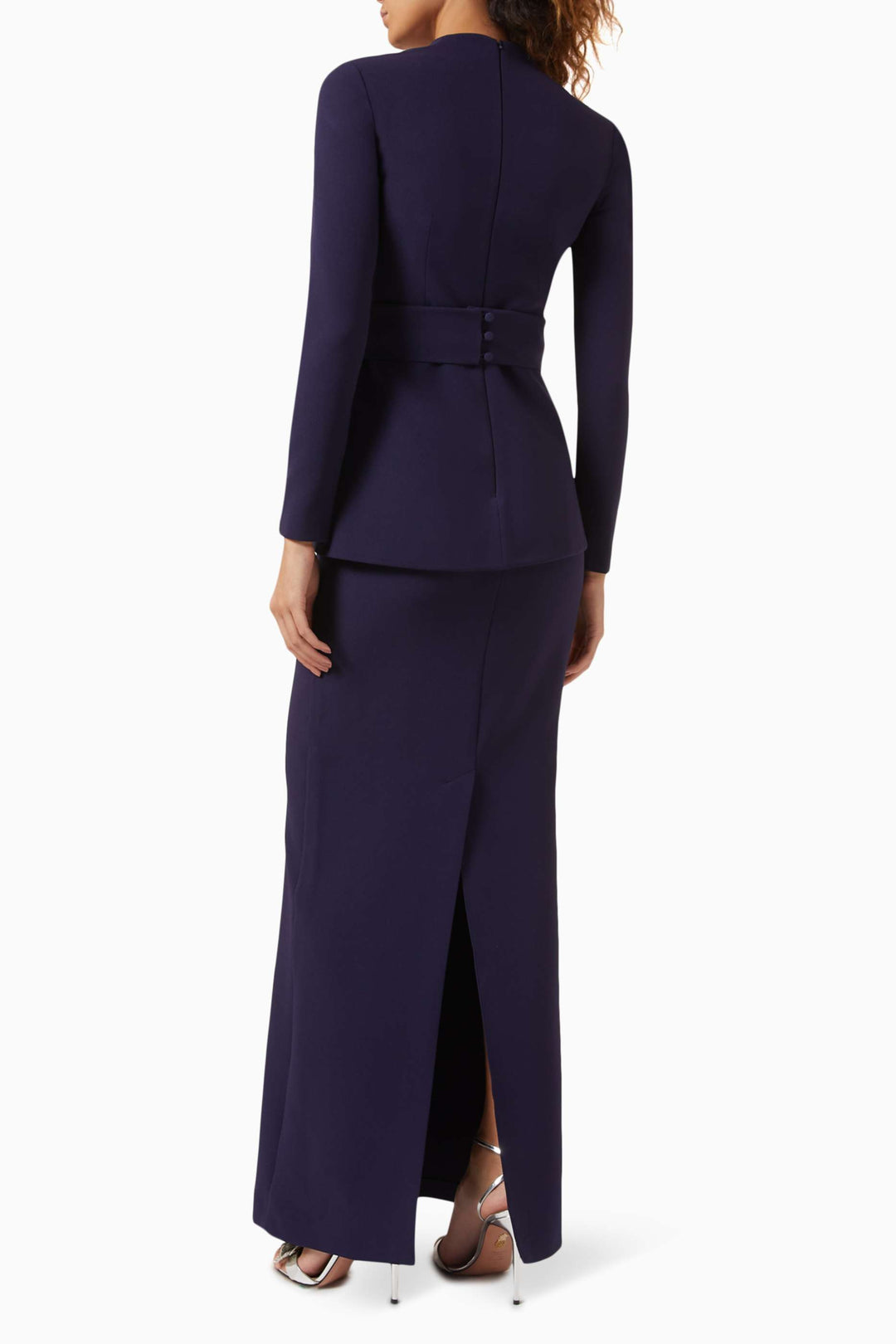 Long-sleeve gown with structured peplum waist – NOIRÉ