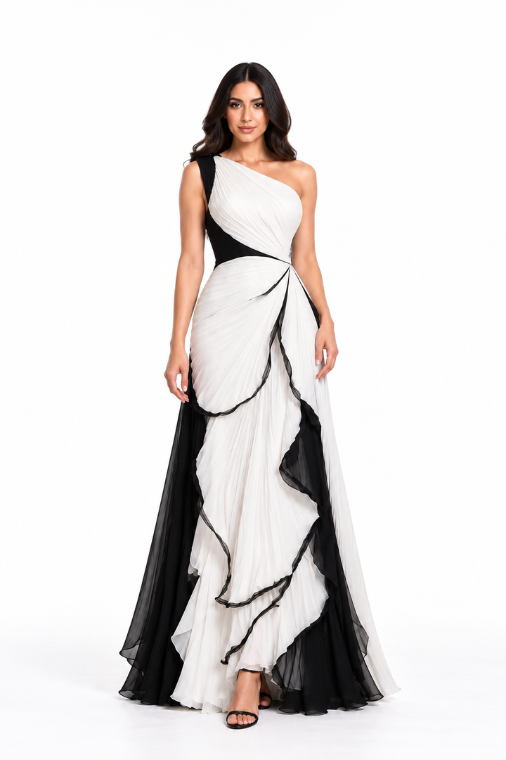 Asymmetric Draped Contrast Maxi Dress – Monvera