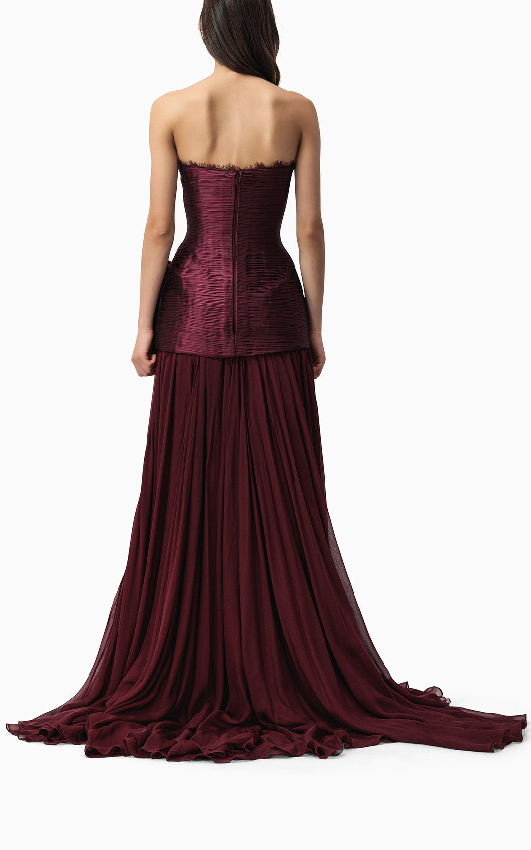 strapless pleated gown with floral side appliqué – BORDEAUX BLOOM