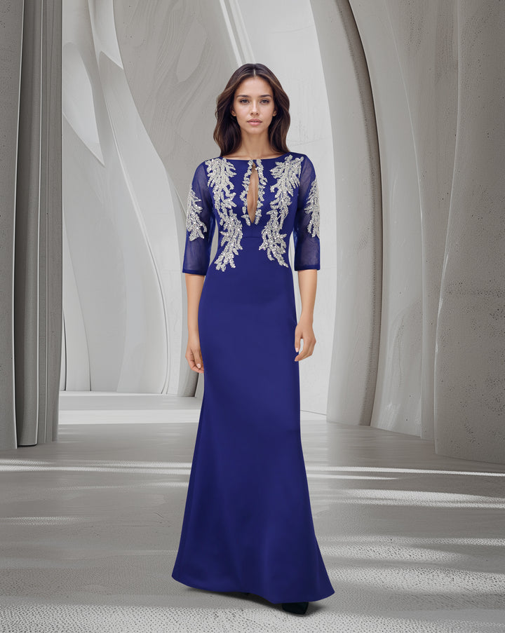 Sequined floor-length blue dress with see-through sleeves