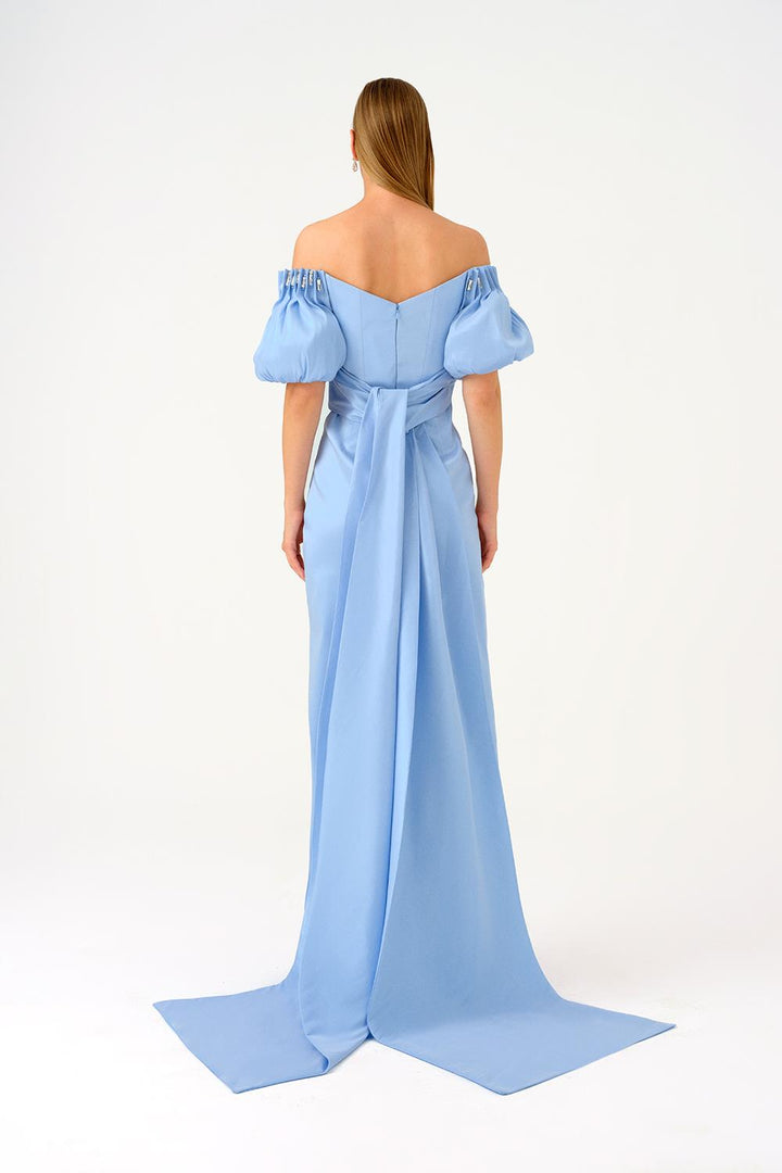 off-shoulder satin gown with puff sleeves – AURELIA