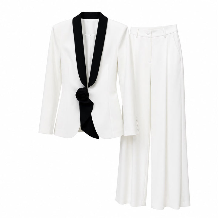 Contrast Lapel Blazer & Wide-Leg Pants Set - Luxe