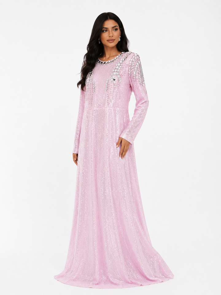 Mirror Embellished Sequin Gown - Blush