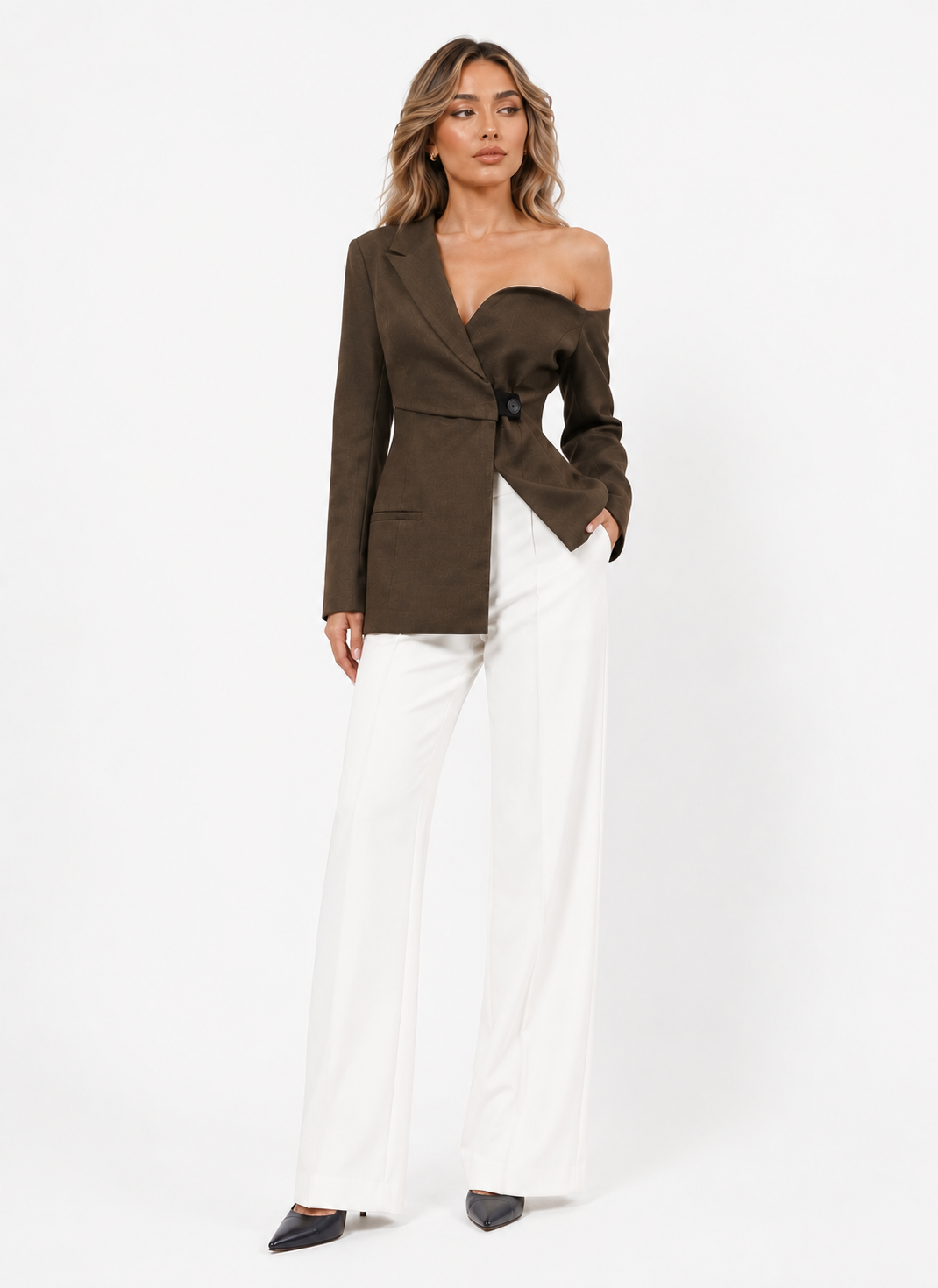 Asymmetric Off-Shoulder Blazer – Mocha