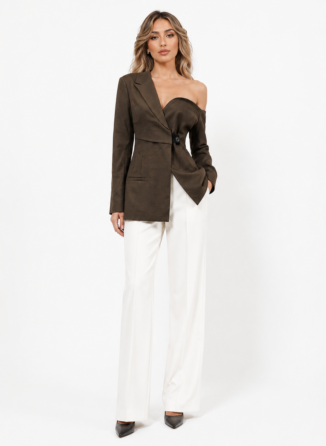 Asymmetric Off-Shoulder Blazer – Mocha