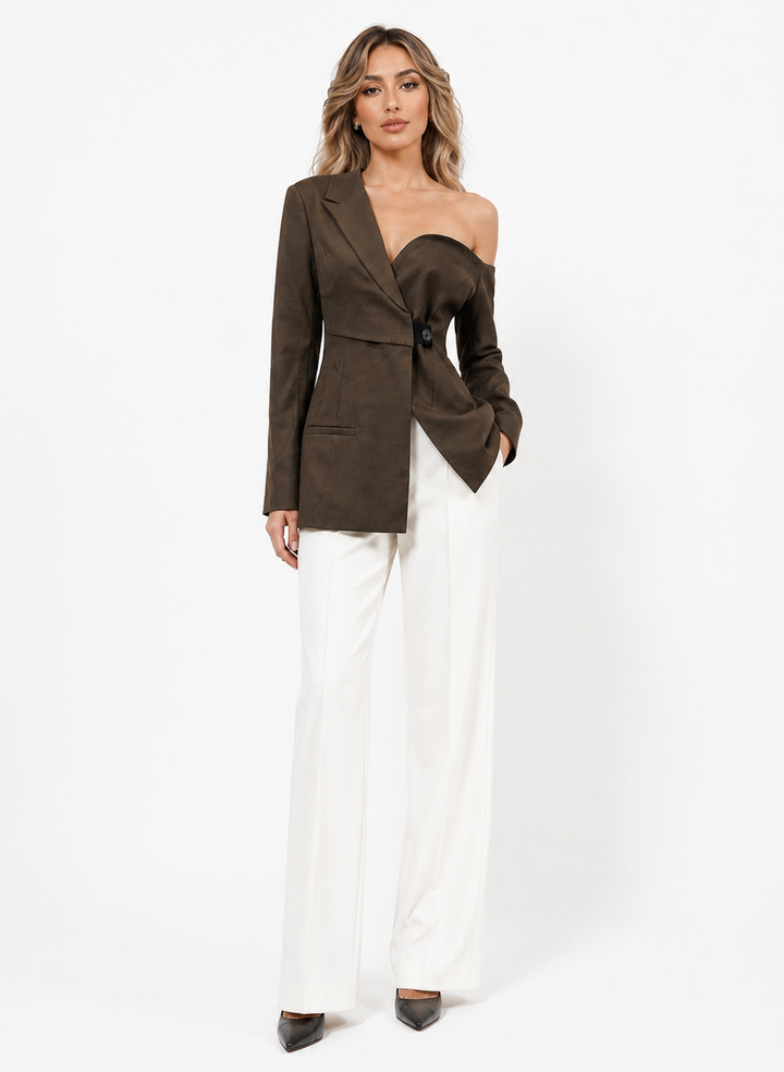 Asymmetric Off-Shoulder Blazer – Mocha