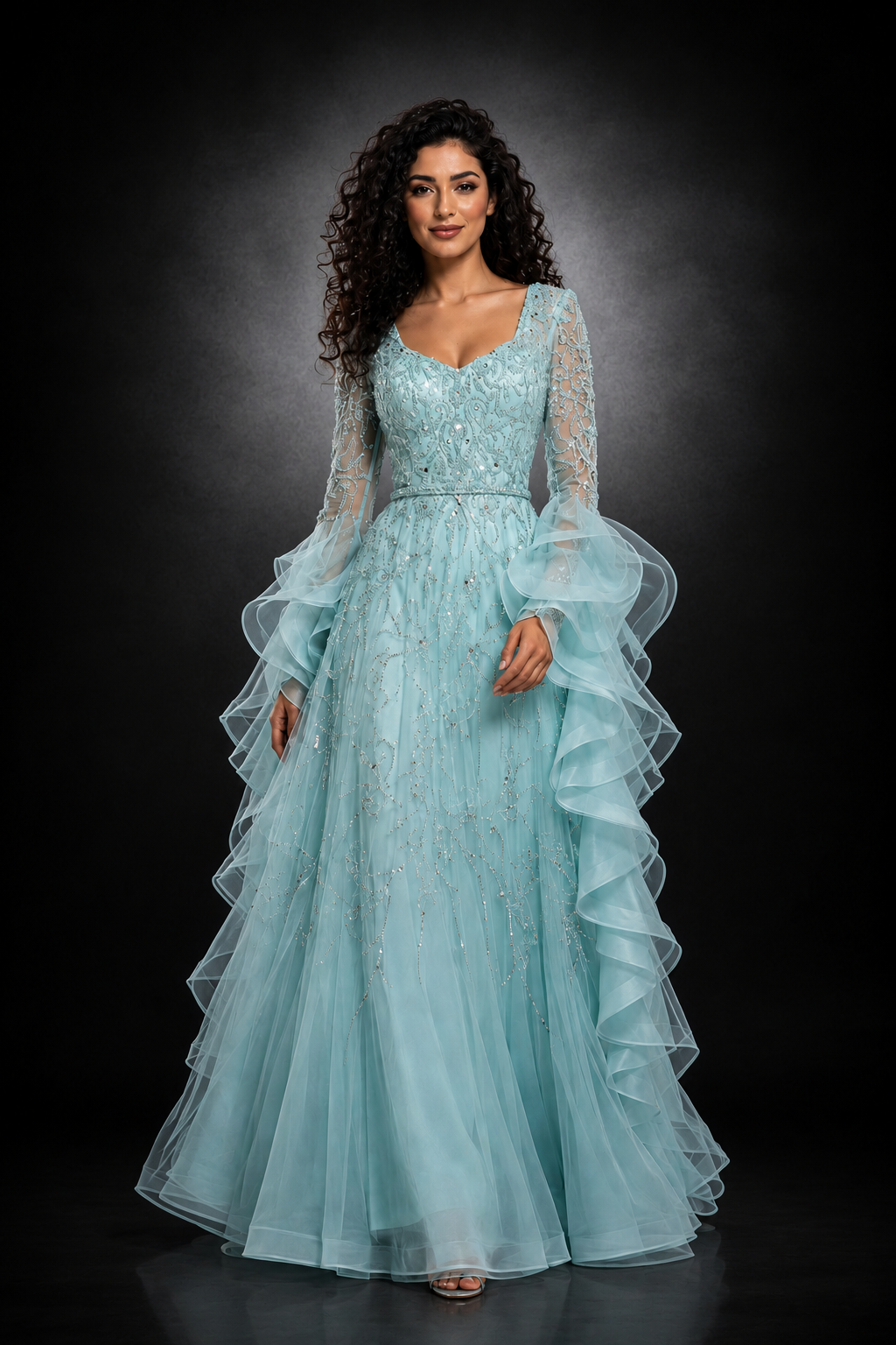 Ruffle Sleeve Crystal Gown – AQUARIA