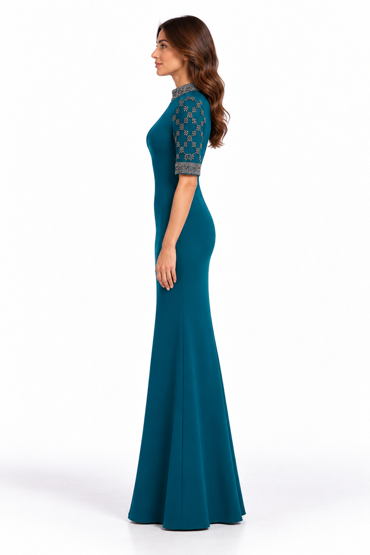 Teal Crystal Embellished Mermaid Maxi Dress - Sapphire