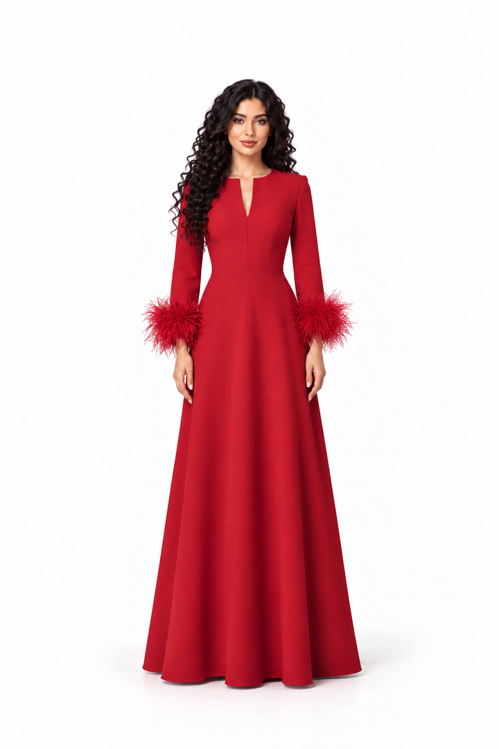Feather Cuff Long Sleeve Evening Gown - Prestige