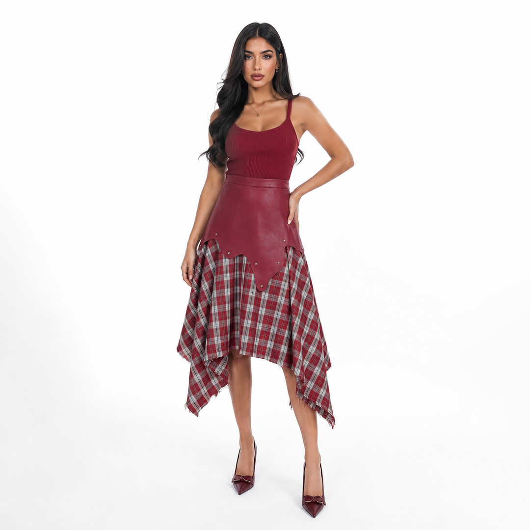 Faux Leather Plaid Handkerchief Midi Skirt - Rouge