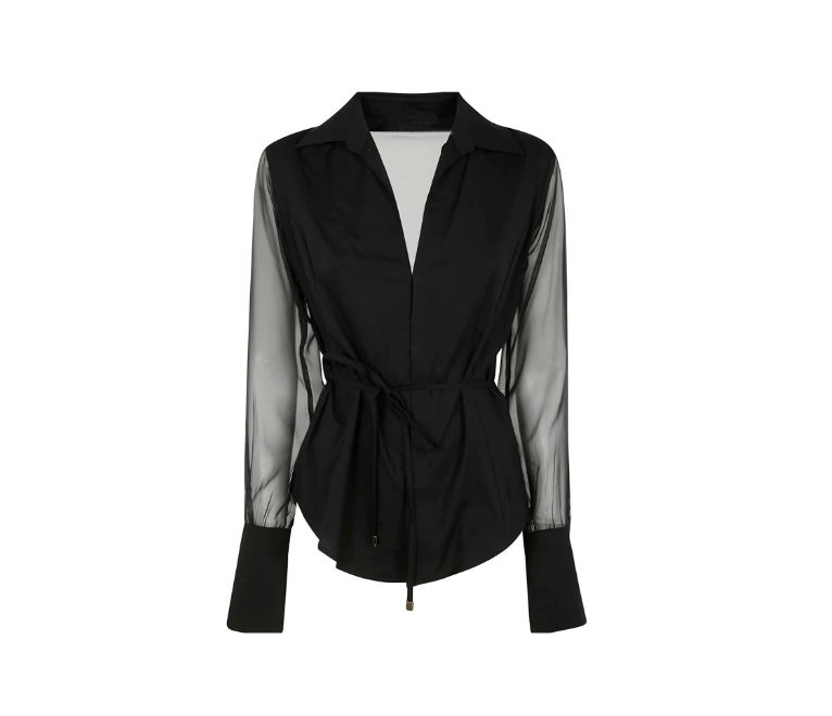 Sheer-Sleeve Tie-Waist Blouse – Raven