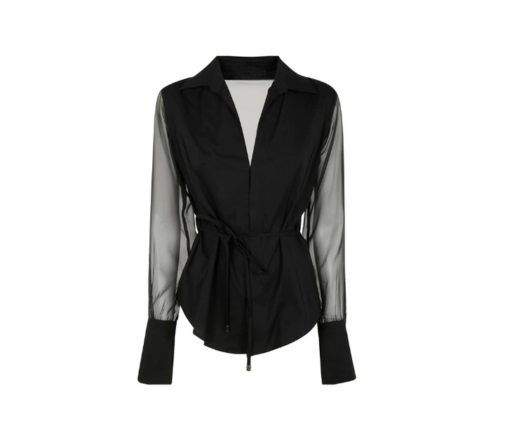Sheer-Sleeve Tie-Waist Blouse – Raven