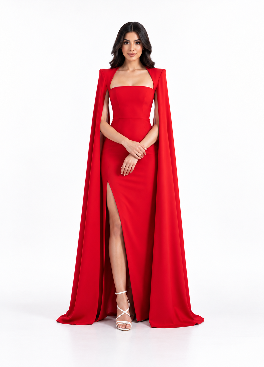 Red Strapless Cape Maxi Dress - Ruby