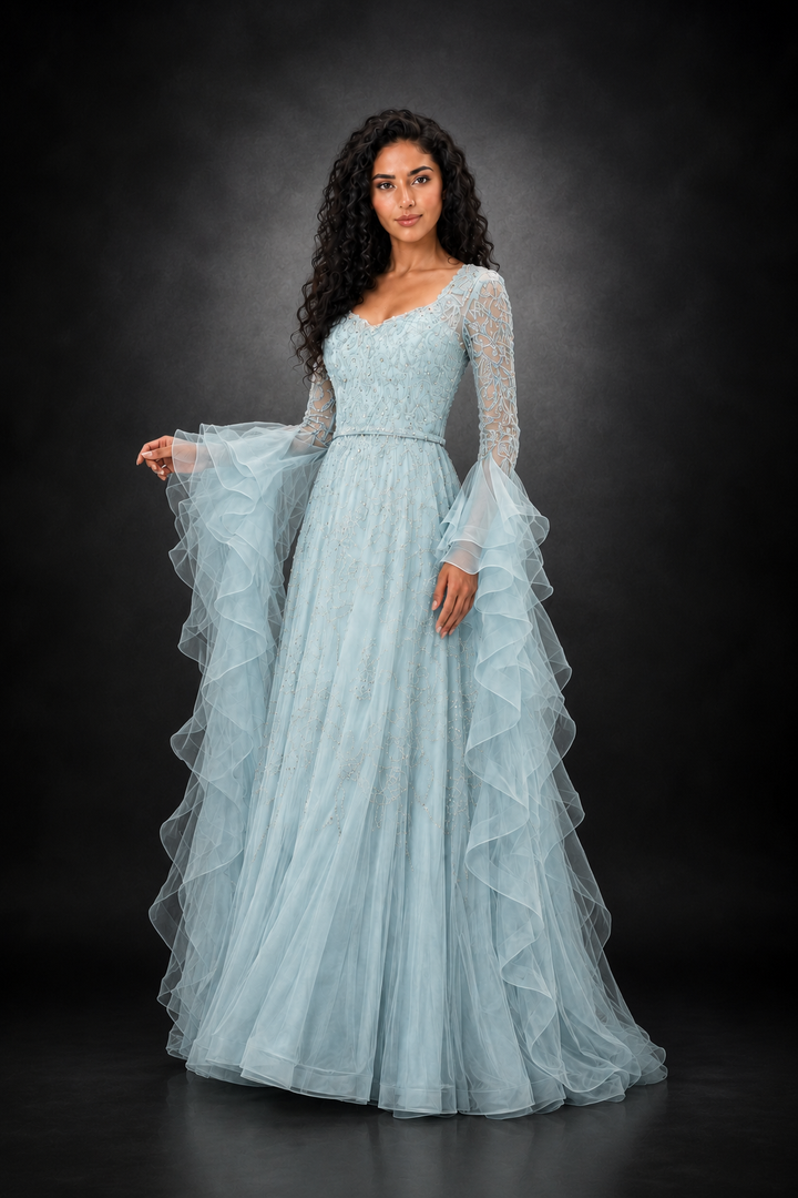 Ruffle Sleeve Crystal Gown – AQUARIA