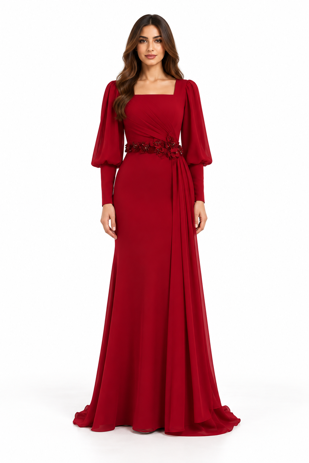 Ruby Red Embellished Puff Sleeve Maxi Dress - Rosalie