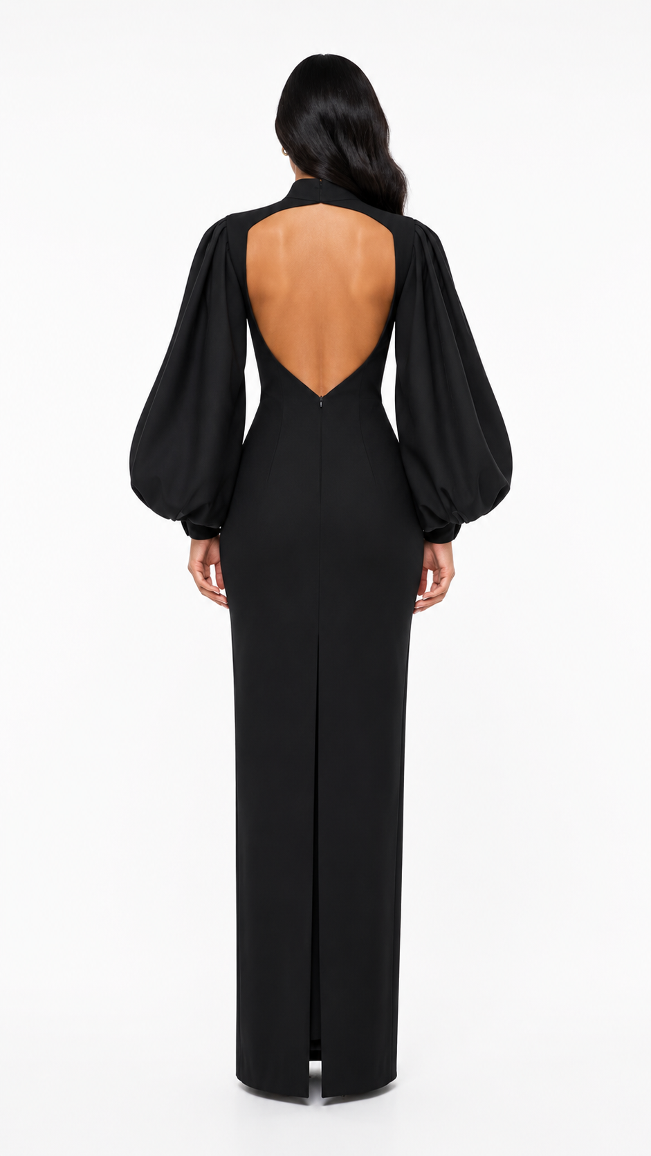 High-Neck Balloon-Sleeve Gown – Noir
