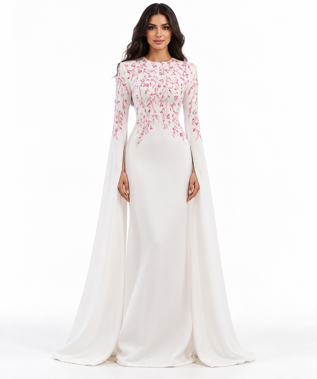 Ivory Pink Floral Embroidered Cape Maxi Dress - Rosella