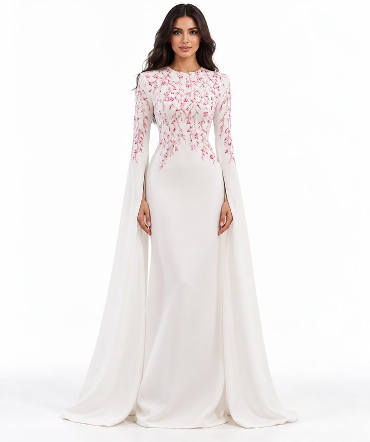 Ivory Pink Floral Embroidered Cape Maxi Dress - Rosella