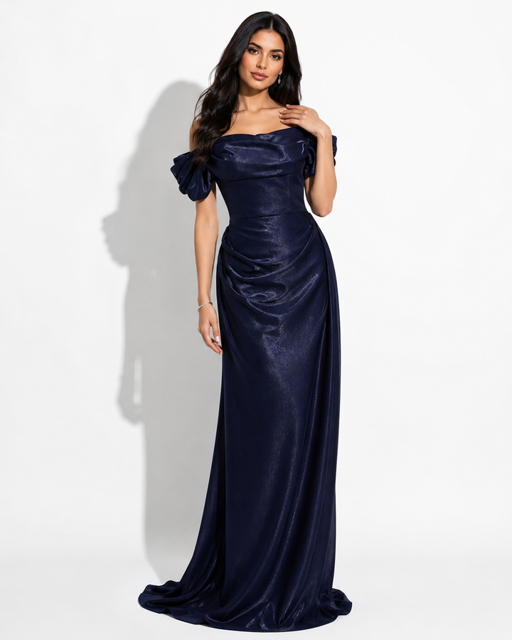 Off-Shoulder Satin Evening Gown - Midnight