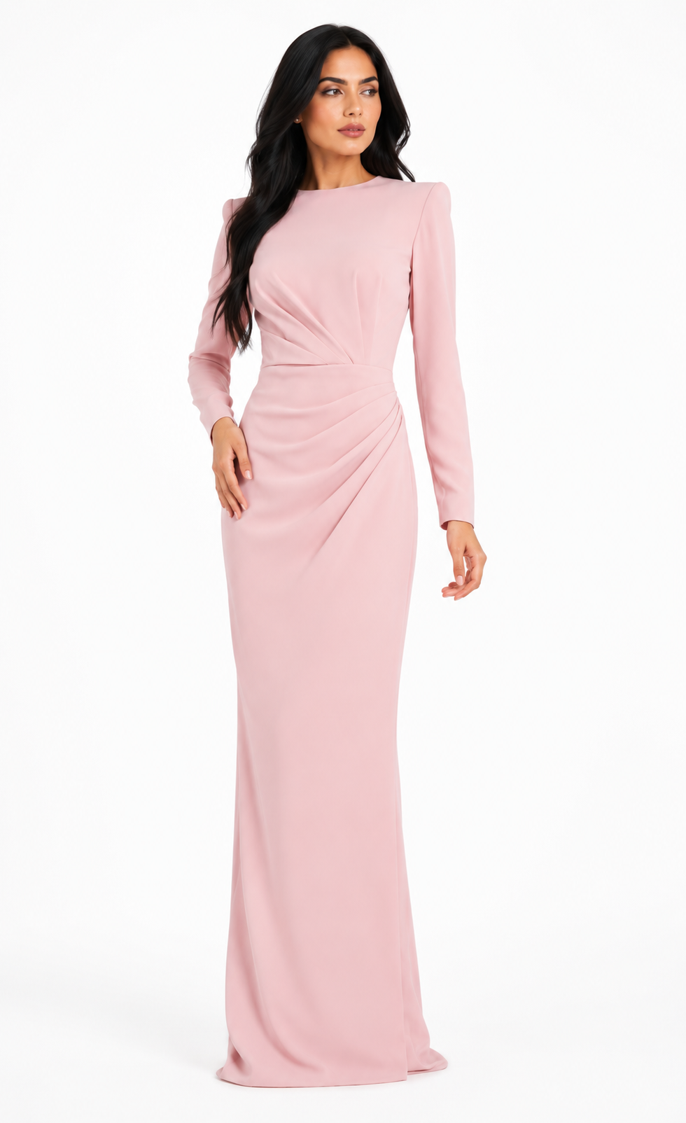 Ruched Long Sleeve Maxi Dress - Blush