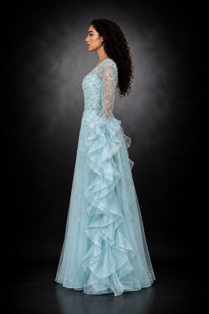 Ruffle Sleeve Crystal Gown – AQUARIA