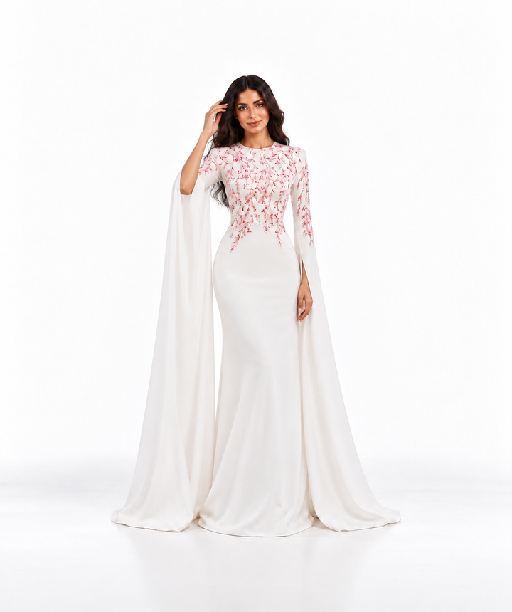 Ivory Pink Floral Embroidered Cape Maxi Dress - Rosella